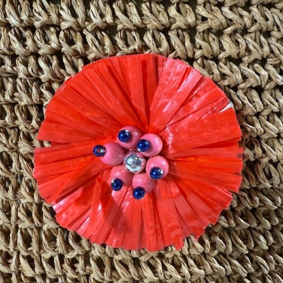 Jessica Simpson Raffia Straw 3D Beaded Floral Feather St. Pete Toast Pink Tote - Picture 9 of 16